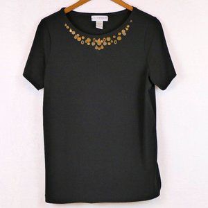 SagHarbor Women's Size M Black Scoop Neck Poly Cotton Stretch Knit Top w/ Charms